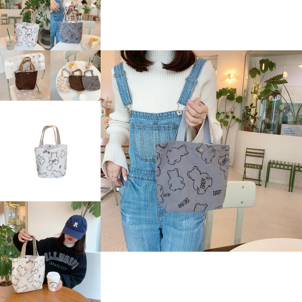 Vintage Baby Bear Corduroy Lunch Tote Bag Portable Large Capacity Storage Bag