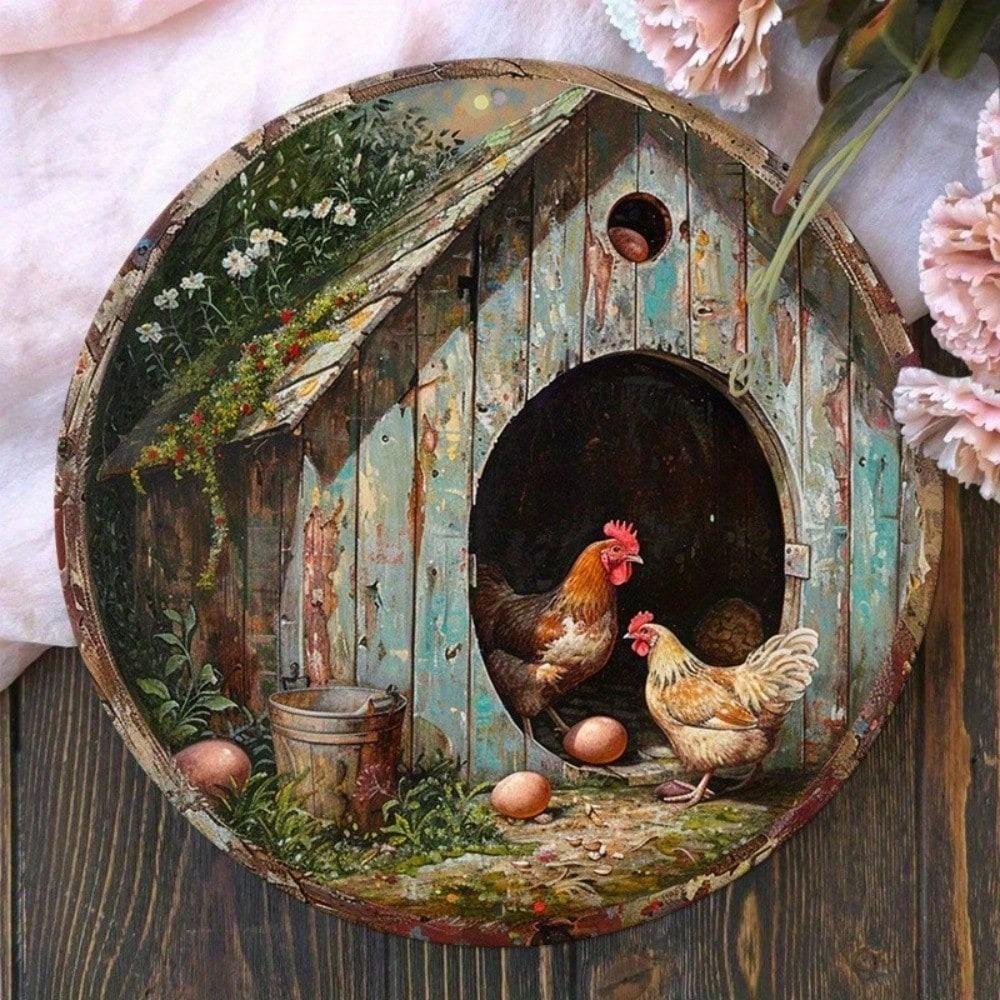 Vintage Metal Chicken Sign Rustic Round Tin Wall Art 8x8 Inch Weatherproof Farmhouse Decor for Outdoor Patio Garden