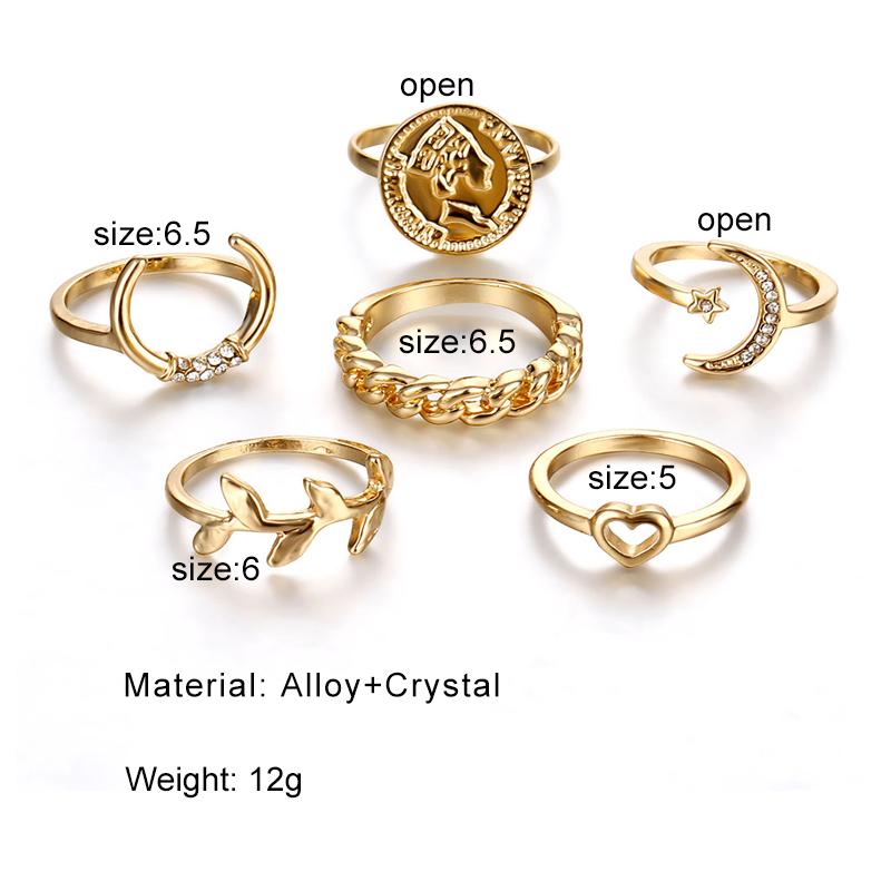 2024 Coin Crescent Leaf Ring Set 6-delt personlig ring Punk stil ring motenøytral trend