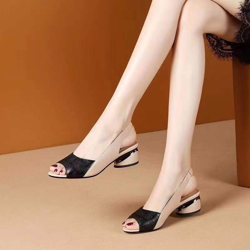 Fashion Summer New Fashion Sandals Women Mixed Color Fish Mouth Thick Heels Large Size Back Hollow Slip on Women Shoes Sandalias Mujer