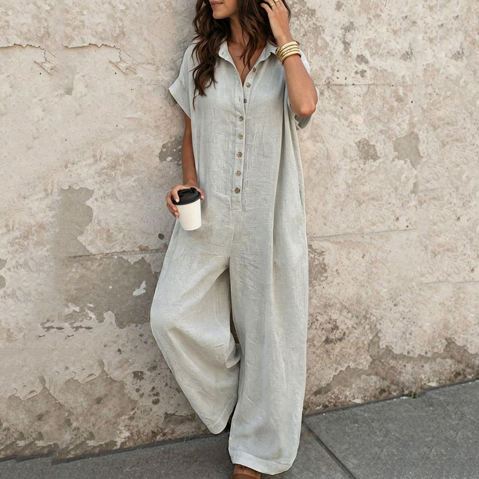 

Womens Short Sleeve Button Down Loose Fit Jumpsuit Casual Wide Leg Romper with Pockets for Daily Wear M