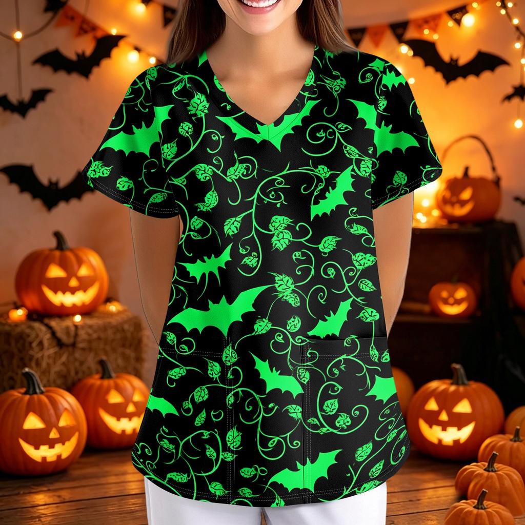 Women's Halloween Print Loose Fit V Neck Short Sleeve Medical Scrub Top with Pockets for Healthcare Professionals Nurse Uniform