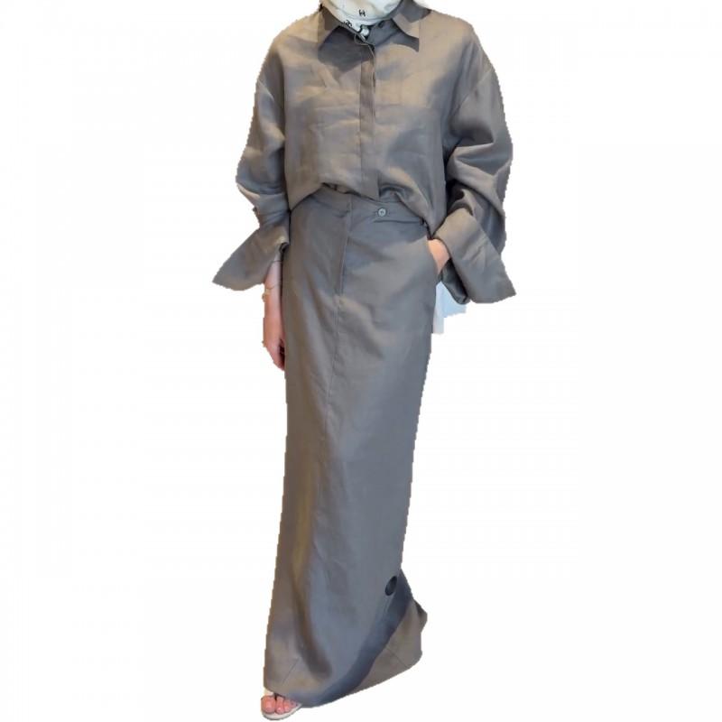 Womens 2026 Casual 2-Piece Set Loose Long Sleeve Shirt Maxi Skirt Solid Color Elegant