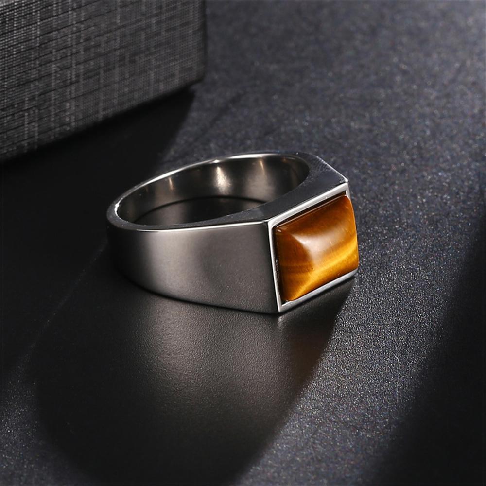 Retro Classic Alloy Tiger Eye Stone Ring Square Coffee Color Stone Men Ring Jewelry Trend Accessories