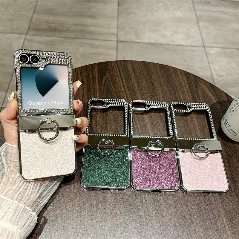 Diamond Frame 3pcs Folding Case For Samsung Galaxy Z Flip6 Flip5 Leather Shockproof Ring Holder Slim Hard PC Phone Cover
