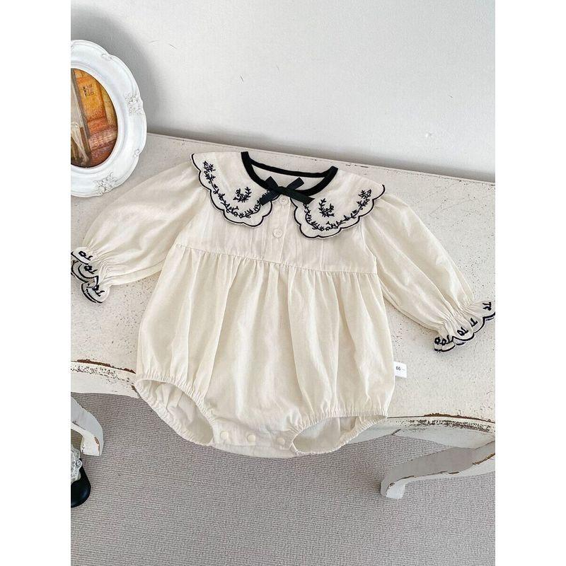 Ins New Stylish Embroidered Lapel Romper for Baby Girls, Autumn Clothing, Thin Long-Sleeve One-Piece Crawling Suit for Infants