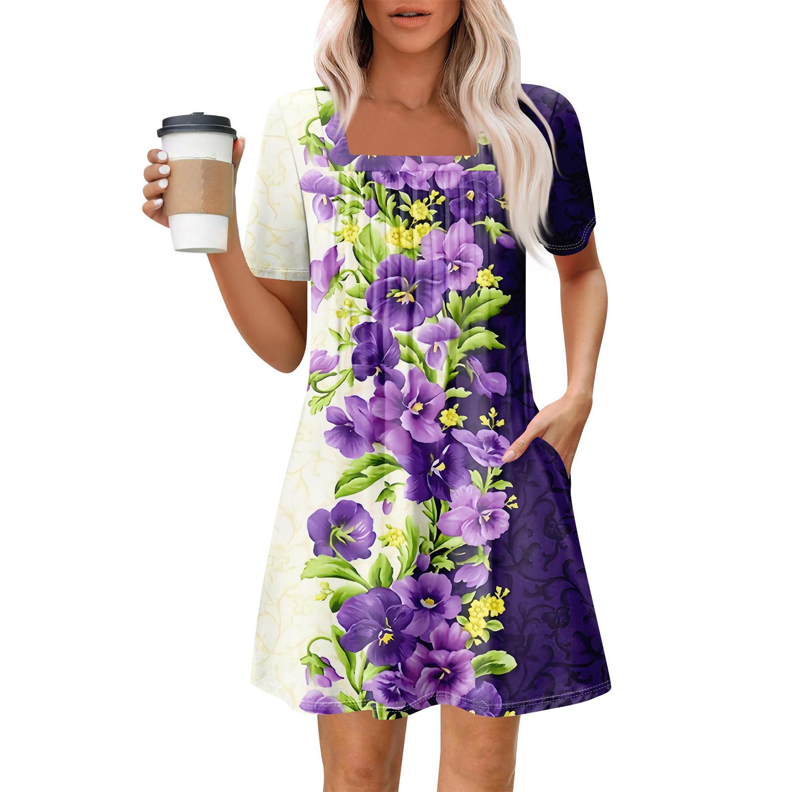 

Женские летние повседневные платья с квадратным вырезом, плиссировкой спереди и карманом, с короткими рукавами и принтом M