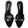 ZA2025 Black Gold Flower Embellished Round Toe Backless Stiletto Heel Sandals for Women