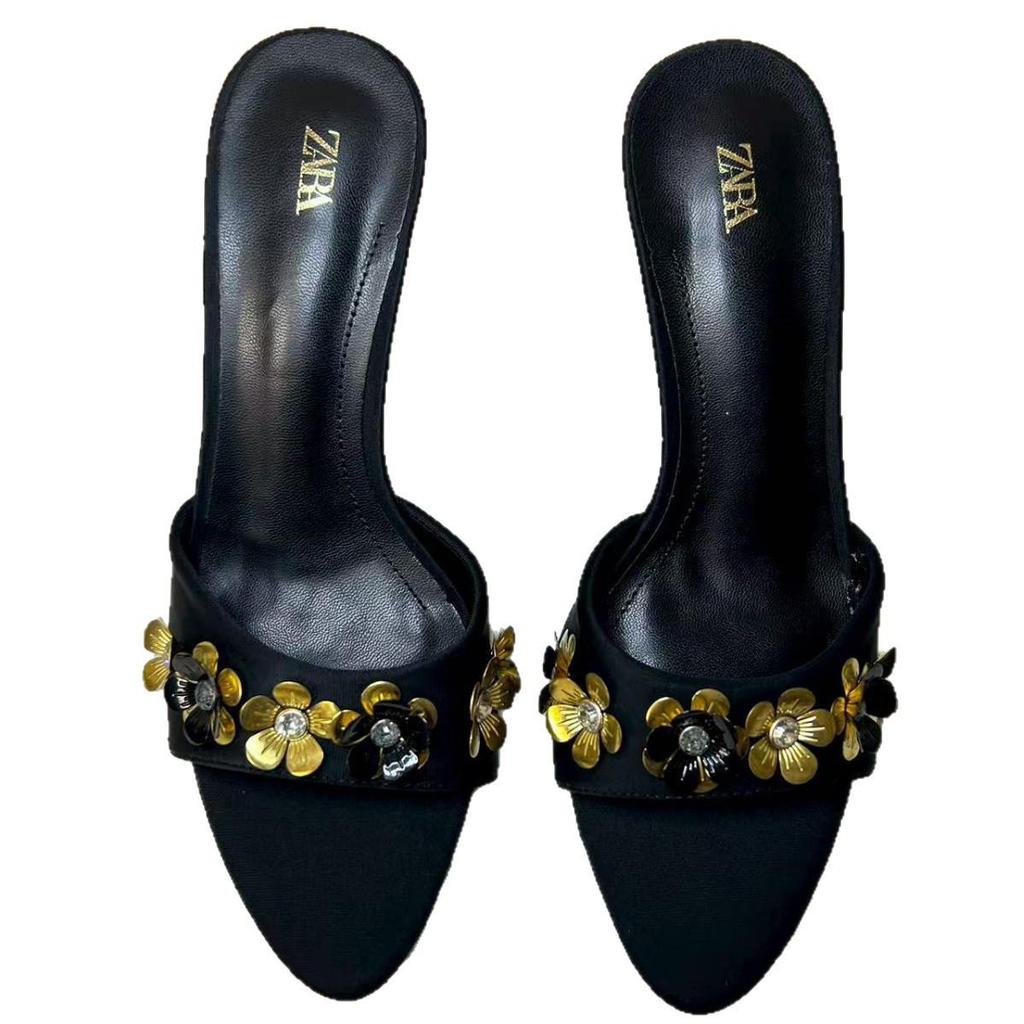 ZA2025 Black Gold Flower Embellished Round Toe Backless Stiletto Heel Sandals for Women