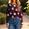 Women's Fashion Casual Slit Hem Round Neck Long Sleeve Loose Christmas Printed T-Shirt Ladies Top