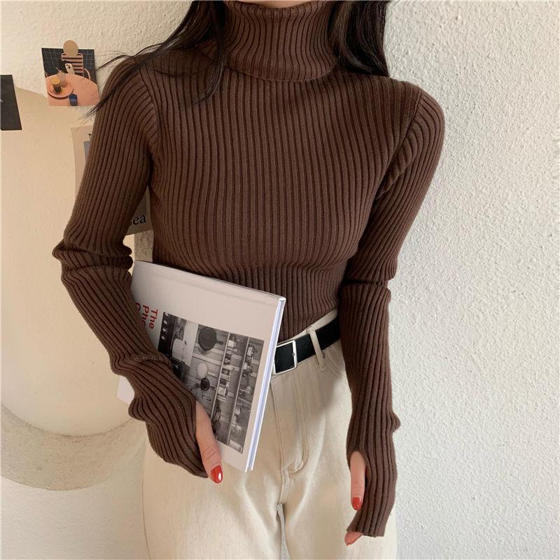 

Свитер с открытыми пальцами, женский облегающий джемпер с высоким воротом, зимний термос с длинными рукавами, мягкий трикотажный топ, универсальный, модный M кофейный