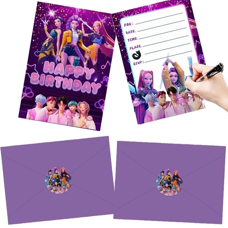12PCS Kpop Demon Hunters Theme Invitation Cards Single & Double Sided Cute Cartoon Birthday Party Invitation Cards for Kids Fans