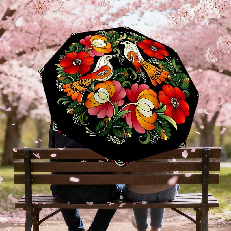 1PC Birds FlowersAutomatic Open/Close Umbrella with Windproof, 8-Rib Sturdy Canopy, Durable Ribs, Fashionable Design, Outdoor Accessory, Fun Prin, Hol