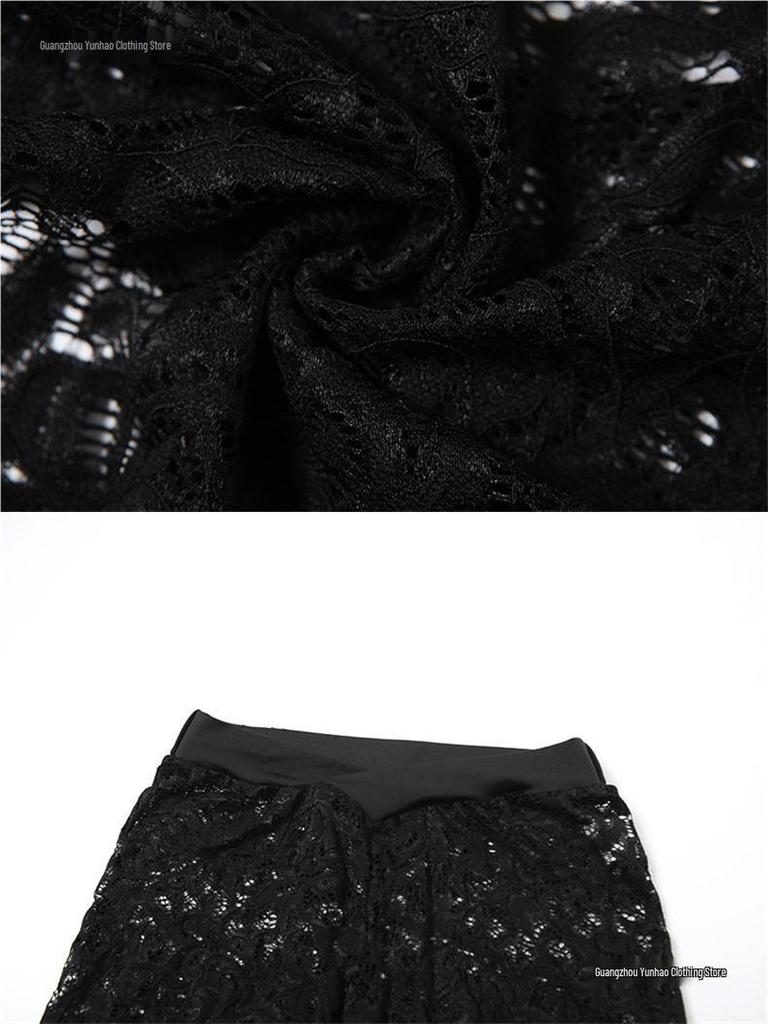 European & American Style 2026 Autumn Street Hot Girl Lace See-through Tight-fitting Pants Set