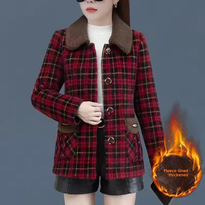 Women Fashionable Checkered Square Collar Outerwear for Middle-Aged Women Autumn Winter Clothes Stylish Ladies' Coat