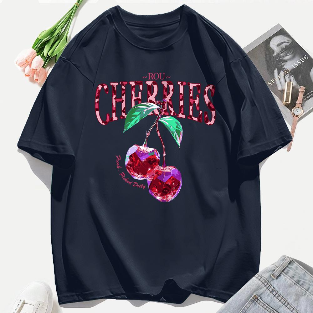 Crystal Cherries Printing Tee Shirt Woman Summer Cotton Tee Tops O-Neck Casual T Shirts Oversized All-Match Short Sleeve