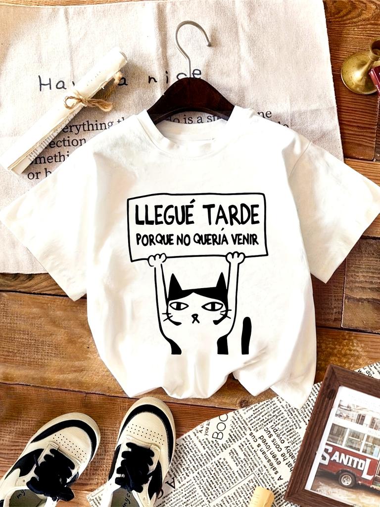 Cute Cat Alphabet Print Unisexs Tshirt Llegue Tarde Porque No Queria Venir Unisex Casual Shortsleeve Crew Neck Top Cat Tshirt