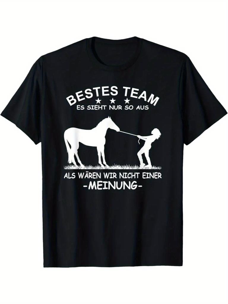 Funny Equestrian German Quote T-Shirt - Horse & Rider Team Slogan Design - Bohemian Style Round Neck Short Sleeve Tee for Men & - All-Season Comfort F