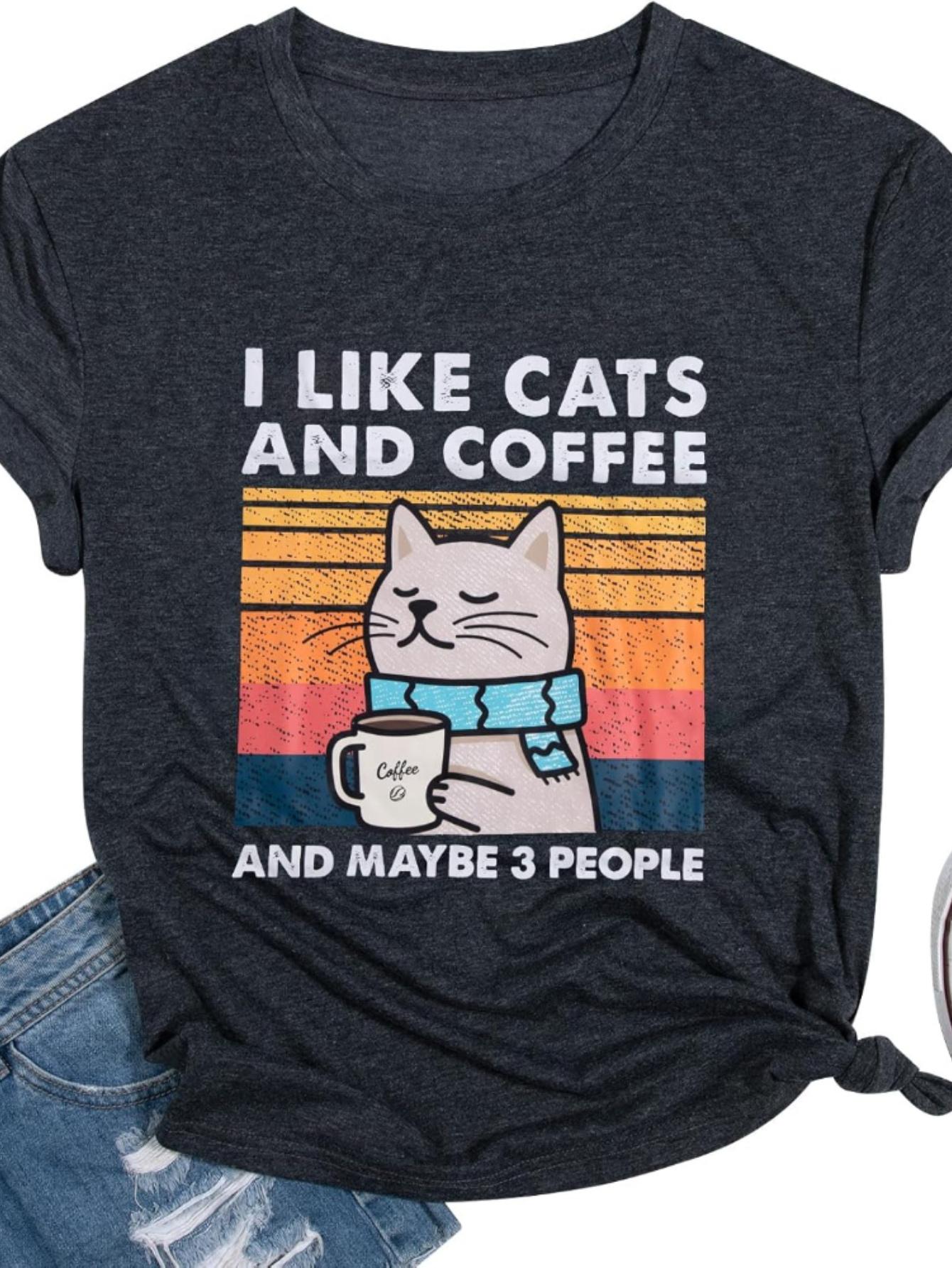 

Cat Shirt I Like Cats and Coffee and Maybe 3 People Graphic T-Shirt Vintage Cat Lover Shirts Retro Coffee Lover Gift Tee Tops S