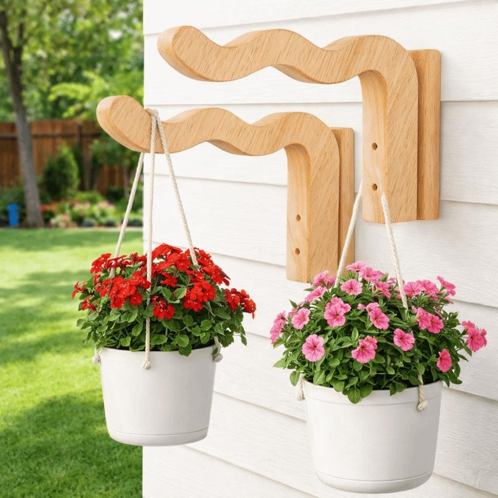 2PCS Sturdy Wooden Plant Hanger Wall Mounted Flower Basket Hanging Hook Patio Decoration