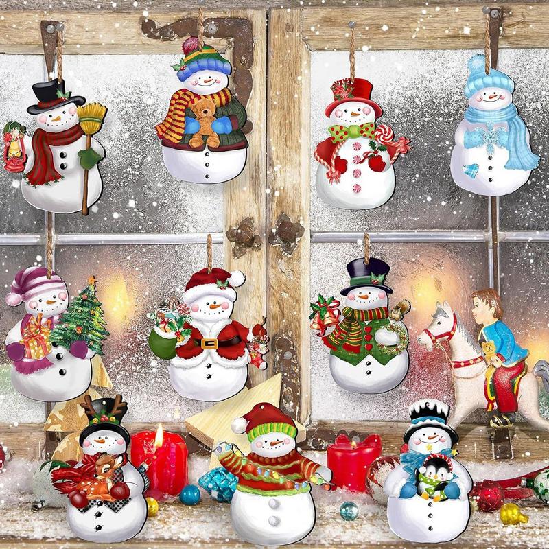 Set of 12 Rustic Christmas Snowman Ornaments Wood Pendant for Tree Decoration Charm for Wall Window Door
