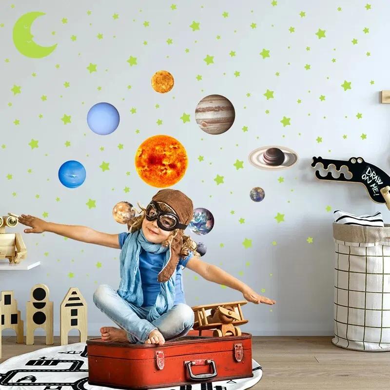 525PCS Box Packed Luminous Nine Planets Wall Sticker for Kids Bedroom Living Room Glow In The Dark DIY Party Home Decor