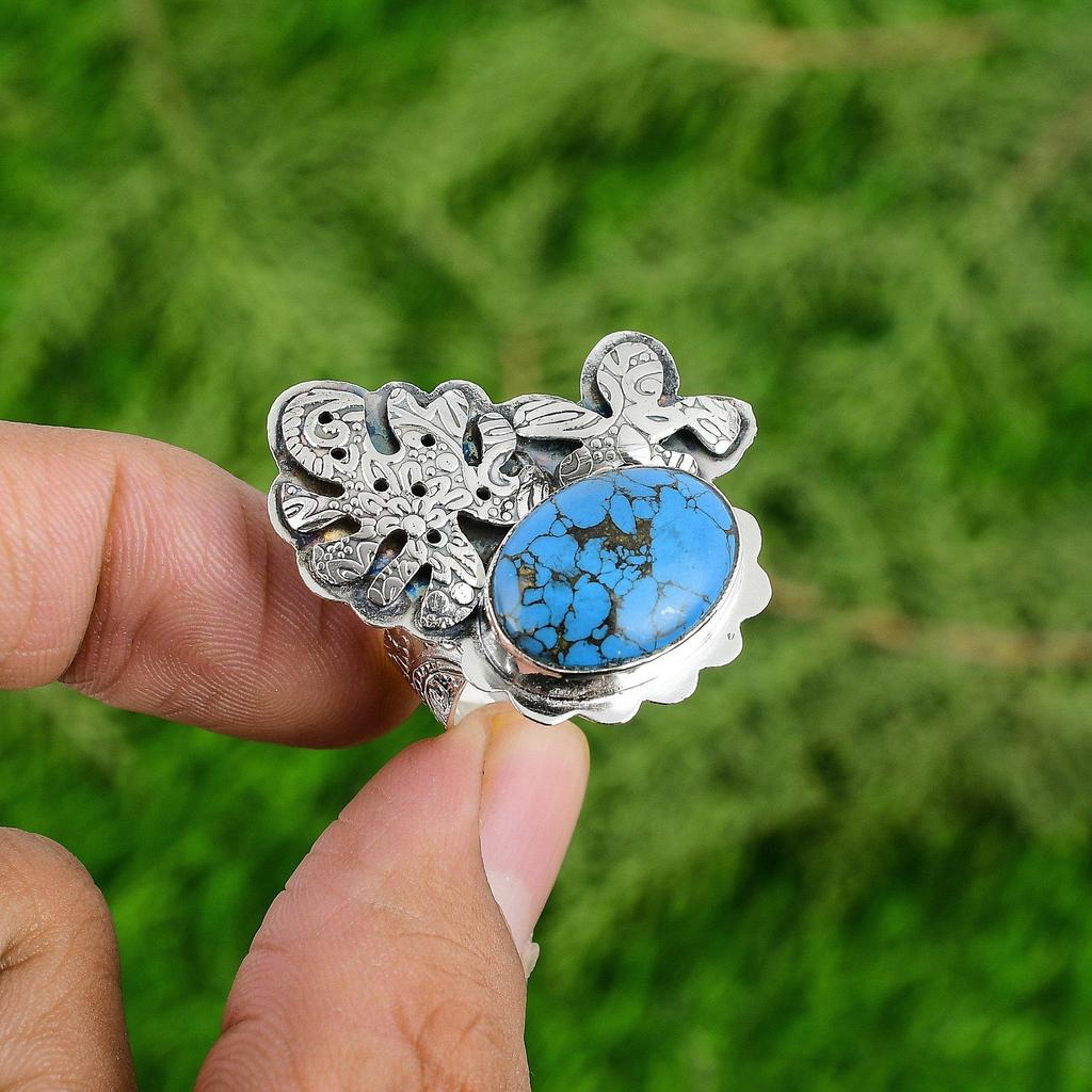 Natural Copper Arizona Turquoise 925 Sterling Silver Promise Anniversary Ring