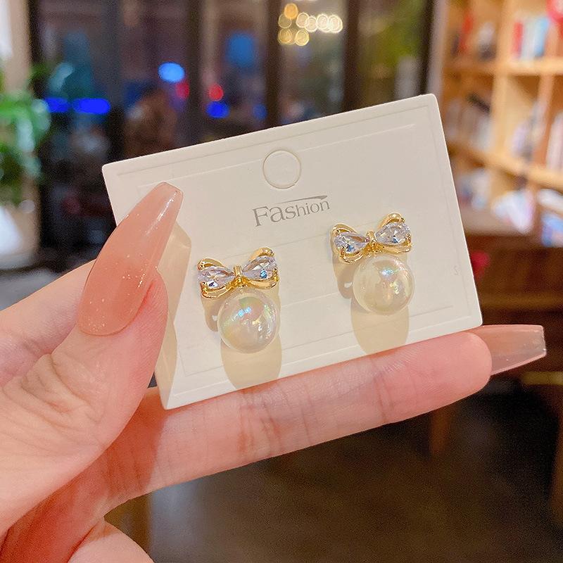 New Colorful Mermaid Beads Zircon Bow Stud Earrings For Women Personality Fashion Earrings Wedding Jewelry Birthday Gifts