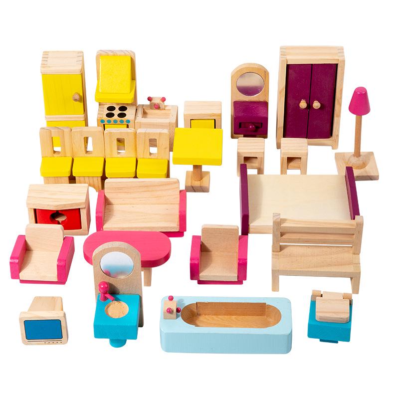 Wooden Mini Furniture Pretend Play Set for Kids: Bedroom, Kitchen, Living Room - Ideal Baby Gift