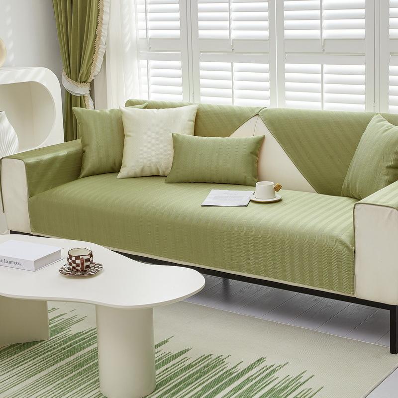 Solid Color Herringbone Pattern Ice Silk Sofa Cushion, Cool And Non-Slip Seat Cushion In Summer, Modern Simple Green Sofa Cover
