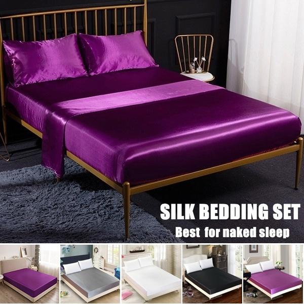 Solid Satin Silk Bed Fitted Sheet Smooth Mattress Pad Cover Twin Full Queen King Solid Satin Silk Bed Fitted Sheet Smooth Mattress Pad Cover Twin Full Queen King