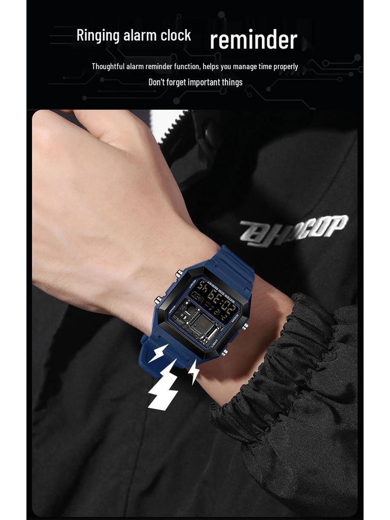 Sanda Luminous Waterproof Teen Alarm Watch - Square Electronic Sports Countdown Timer