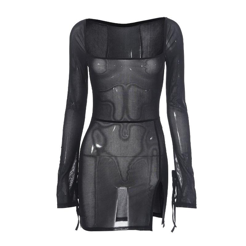 Square Collar Solid Mini Dress For Women Y2k Clothes Gauze Sexi Night Dress Hot Club Outfits Sheer Vestidos De Mujer Long Sleeve