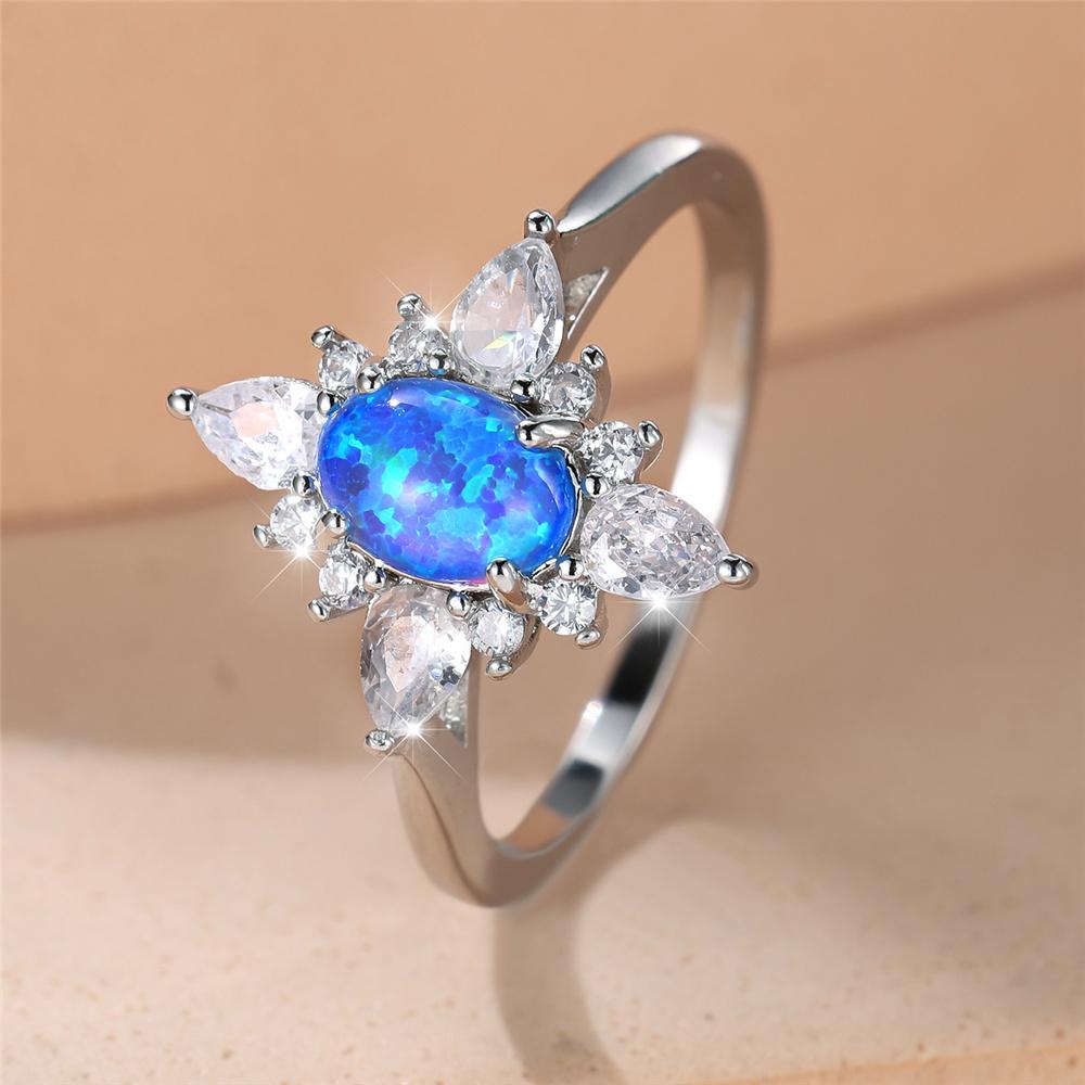 Trendy Blue Opal Oval Ring Vintage Silver Color Wedding Bands Engagement Rings For Women Men Minimalist