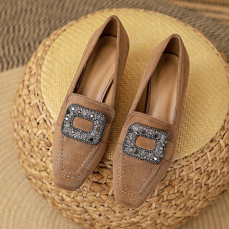 Square head high heels thin heels 2025 new autumn and winter British style women's shoes rhinestone square buckle retro French single shoes