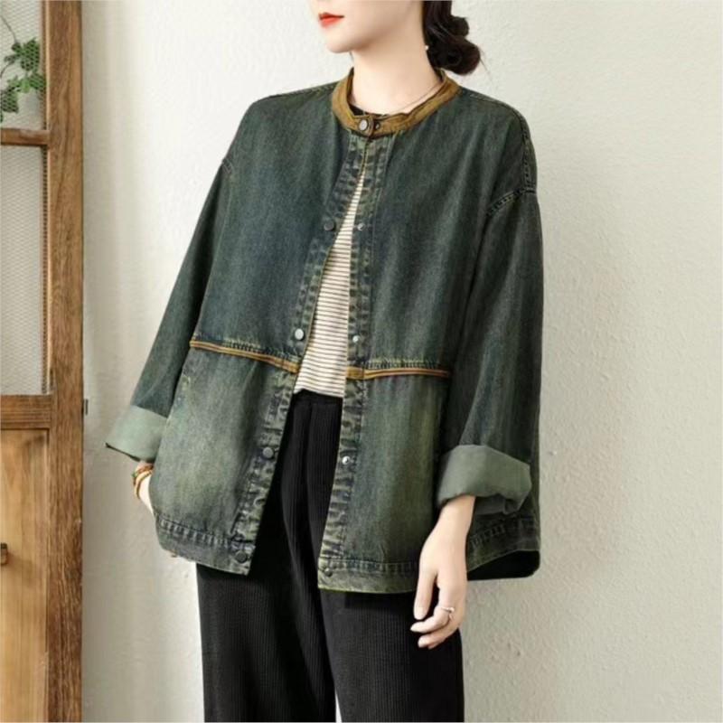 

Johnature Женские винтажные куртки Стойка Длинный рукав Пальто на пуговицах Весна Пэчворк Свободные Повседневные Женские куртки One Size