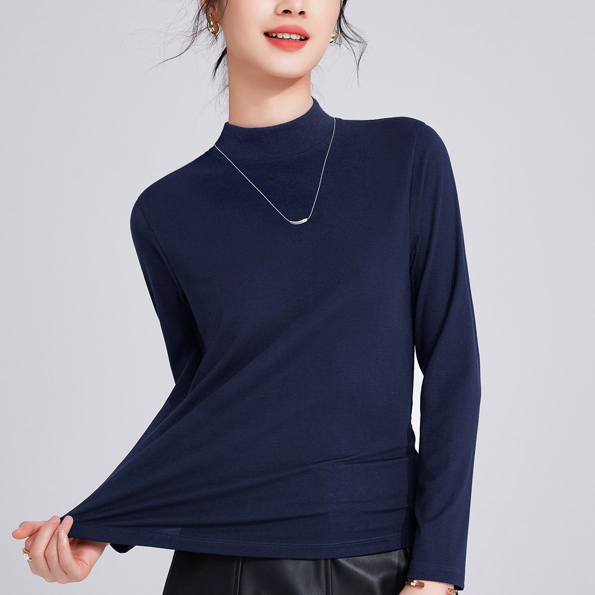 

Black long-sleeved half-turtleneck woman, new high-elastic niche design sense Tencel top bottoming shirt, spring and autumn inner XXXL темно-синий
