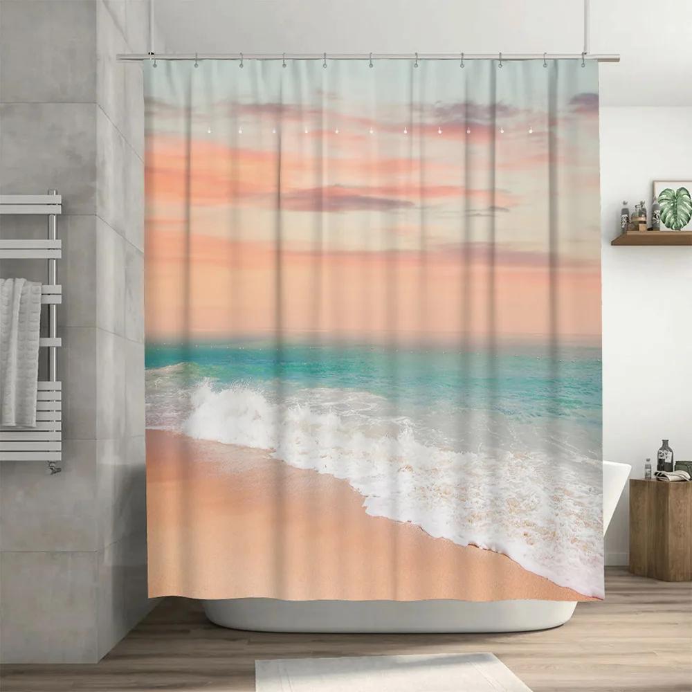 Beach Bliss Shower Curtain: Soft Coral Blue Ocean Waves Waterfall Decor for Bathroom Pink Boho Vintage Style Waterproof Fabric D