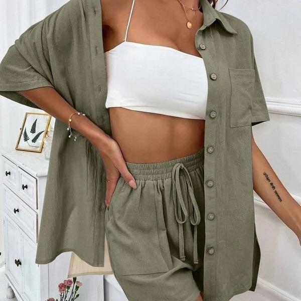 Fashion Shorts Two-piece Solid Color Shirt Suit Women's Casual Loose Short-sleeved Single-breasted
