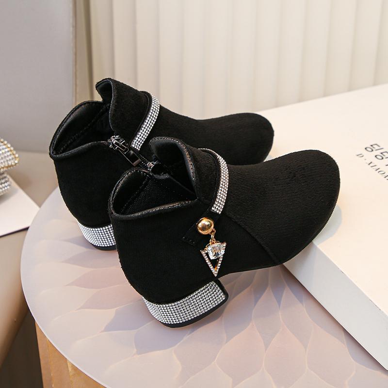 Girls Black Velvet Short Boots with Rhinestone Detail Autumn Kids Ankle Boots Elastic Cuff High Heel School Dance Shoes