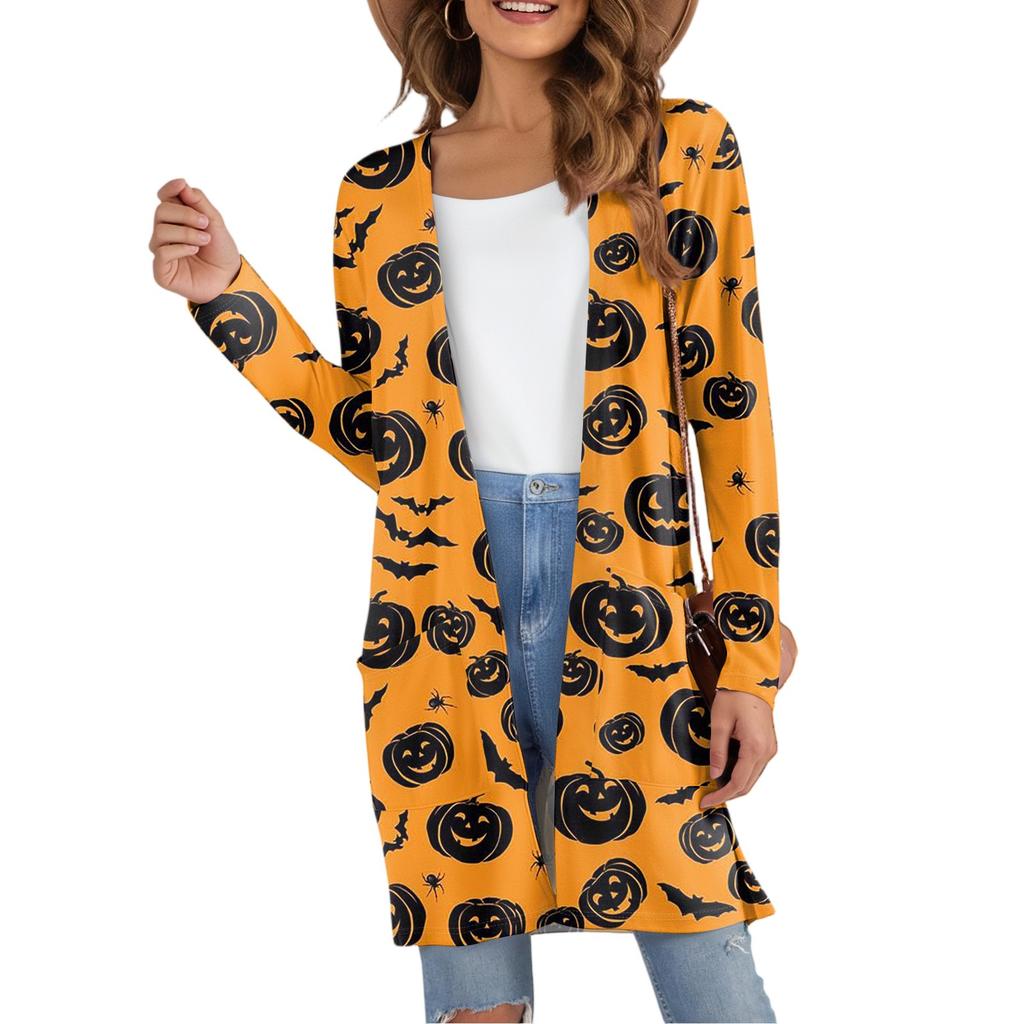 Women's Fashion Casual Comfortable Halloween Printed Mid-Length Cardigan With Pockets Jacket