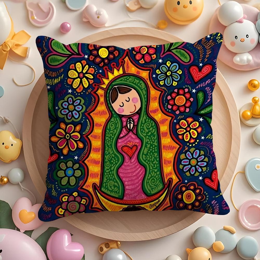 Cartoon Virgin Mary Art Cushion Cover Home & Car Multi-Scene Pillow Cover - Reversible, Soft & Durable for Daily Use