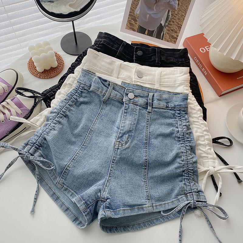 Modaya Uygun Çok Yönlü İpli Yüksek Belli Streç Denim Şort Kadın Pilili Pantolon Yaz Tasarımı Yüzde Yüz Uyumlu İnce Geniş Paça Pantolon