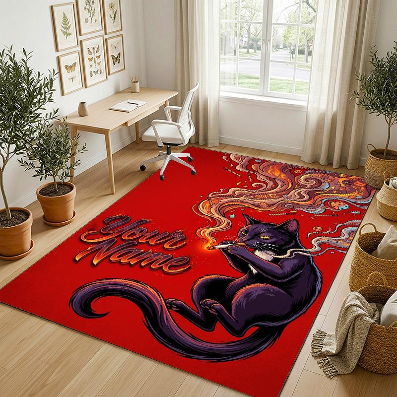 Cat Theme Crystal Velvet Rug Personalized Custom Name Text Soft Floor Mat Home Decor