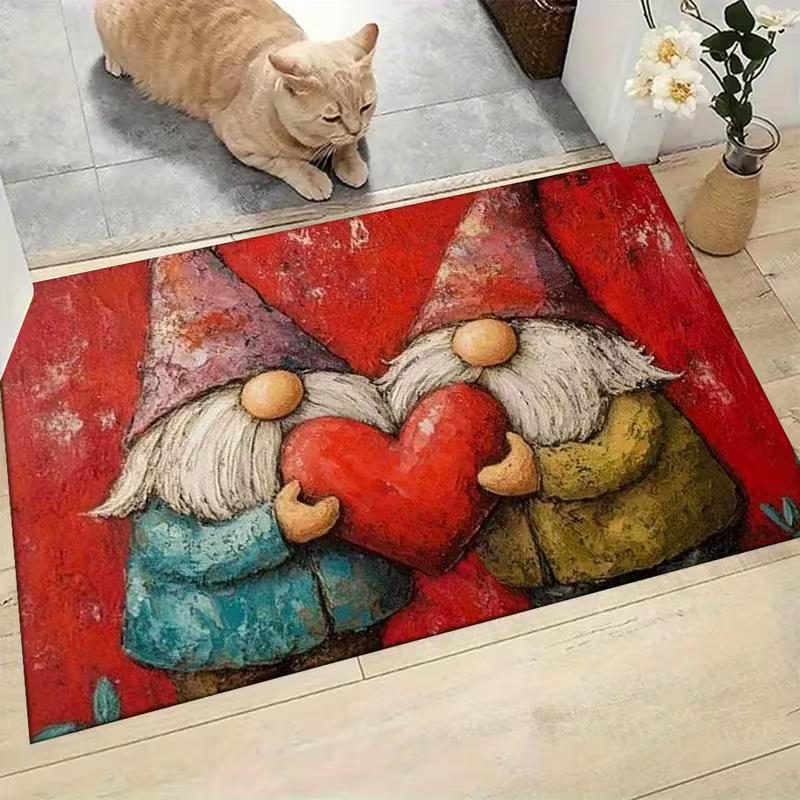 Valentine's Day Dwarf Welcome Doormat Machine Washable,Love Heart Gnome Polyester Mat, Outdoor Entrance Floor Mat for Home Decor