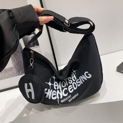 College Style Canvas Bag Casual Crescent Bag Letter Printing Large Capacity Messenger Dumplings