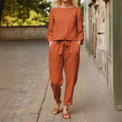 Women's Spring and Summer Linen Suit Fashion Solid Color Leisure Two-piece Simple Retro Elastic Waist Tie Suit