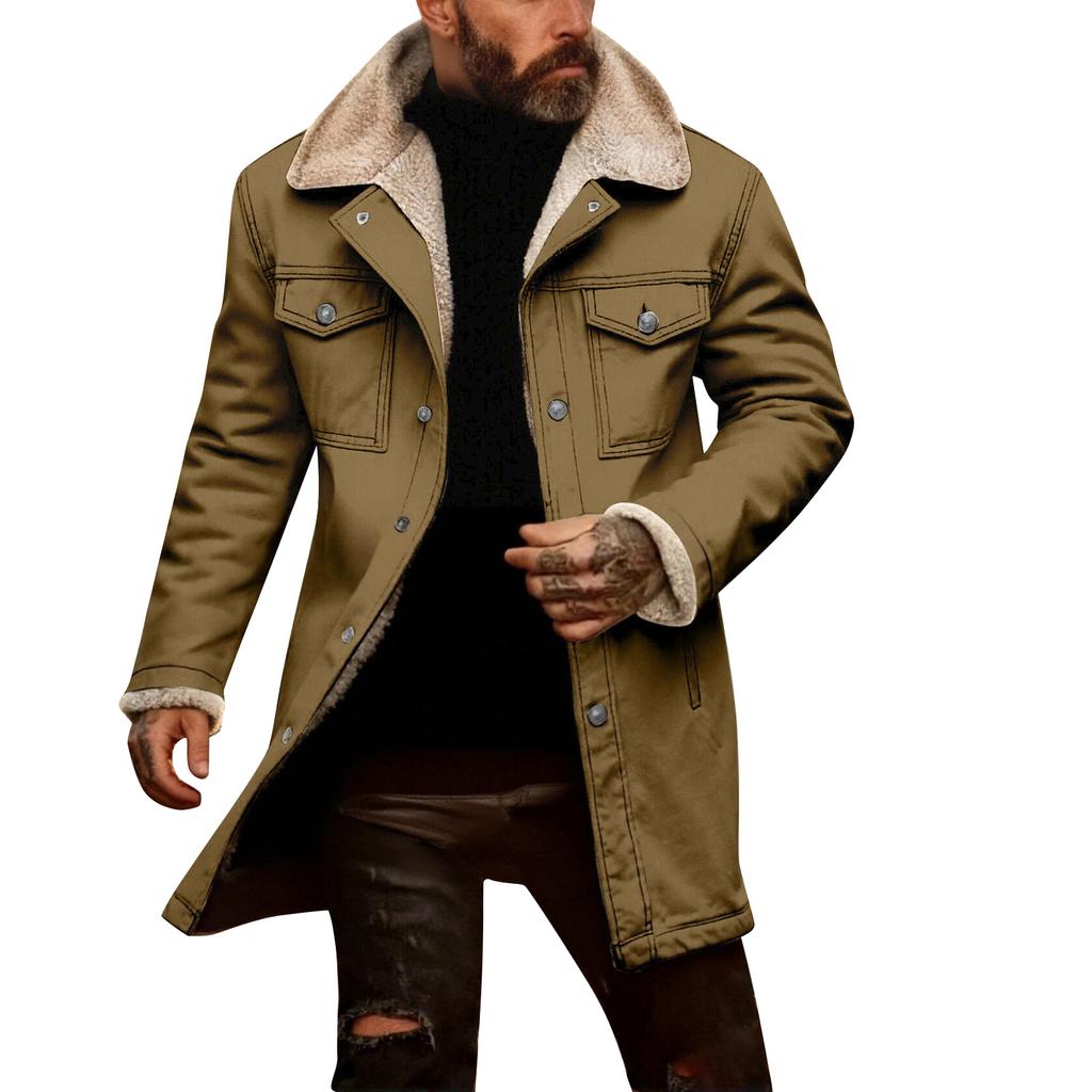 Men's Solid Color Button Pocket Work Wear Plus Leather Jacket Men's Casual Long Coat