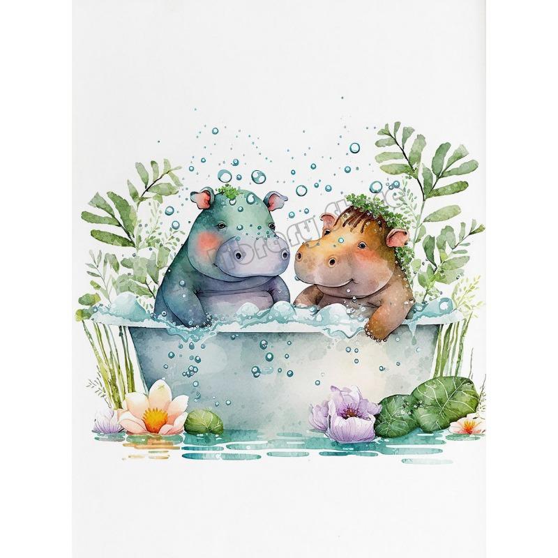 

Watercolor Bathroom Tropical Animals Deer Hippo Penguin in Tub Poster Canvas Painting Wall Art Pictures Home Toilet Decor 21cm×30cm NoFrame