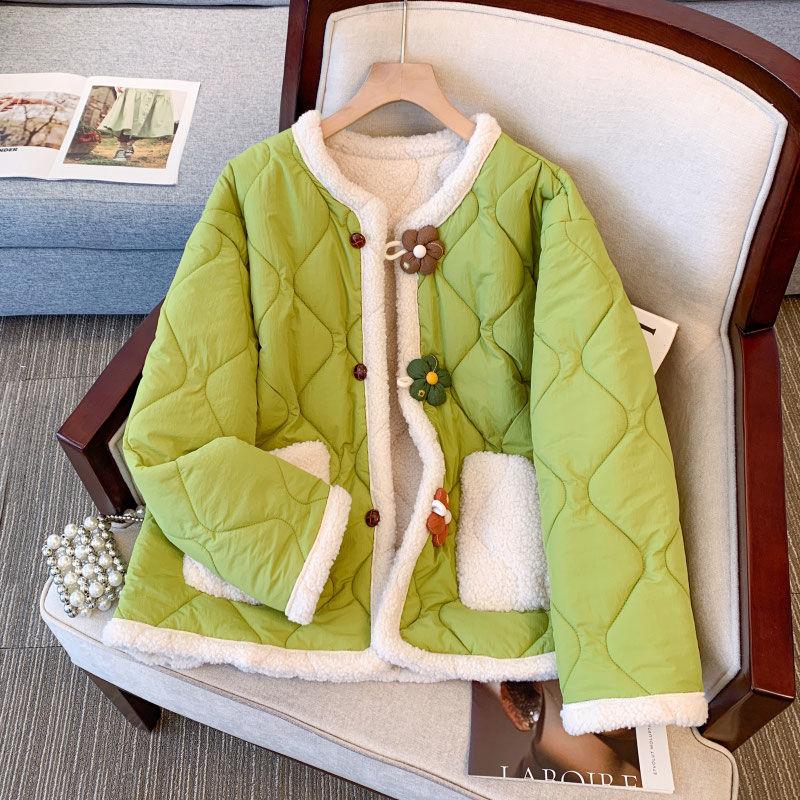 

Women Floral Button Puffer Coat Loose Fit Warm Thick Cotton Jacket Winter Outerwear M зелений